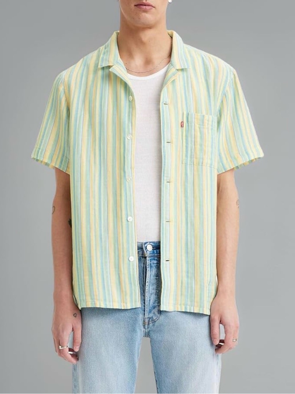 Levi's Sunset Camp Shirt Mens XL Button‎ Down Yellow Blue Wasabi Stripes Cubano